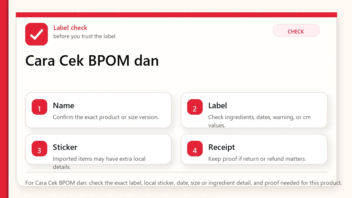Layered red check decision graphic for Cara Cek BPOM dan.
