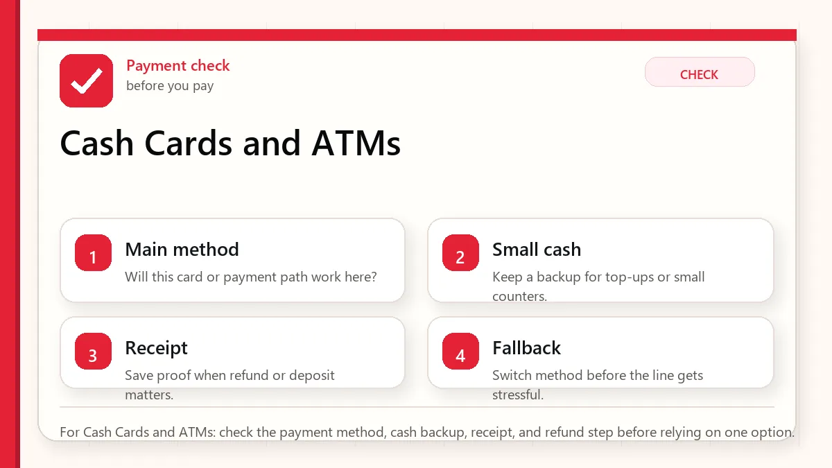 Layered red check decision graphic for Cash Cards and ATMs.