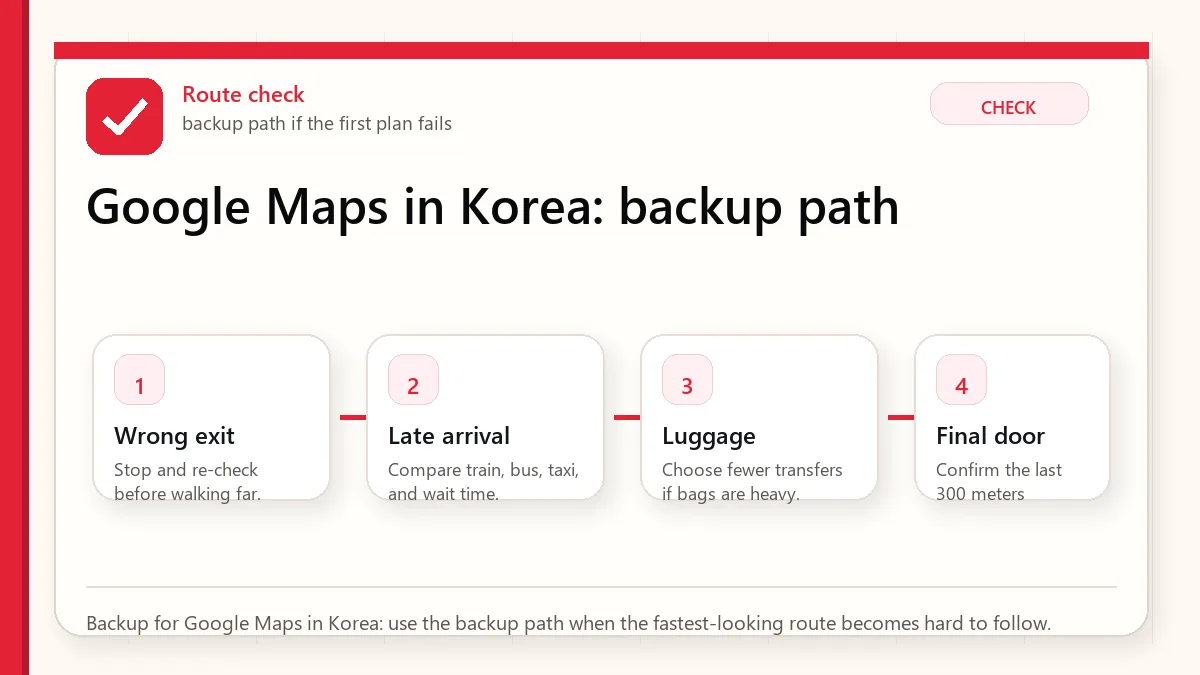 Layered red check backup flow graphic for Google Maps in Korea.