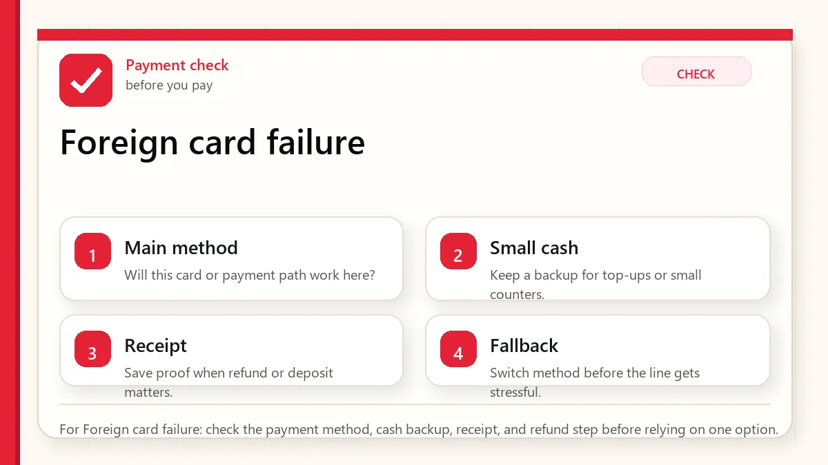Layered red check decision graphic for Foreign card failure.