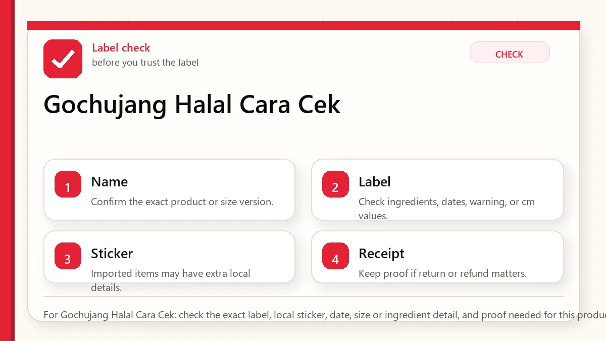Layered red check decision graphic for Gochujang Halal Cara Cek.