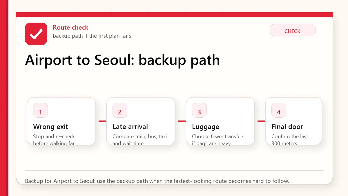 Layered red check backup flow graphic for Airport to Seoul.
