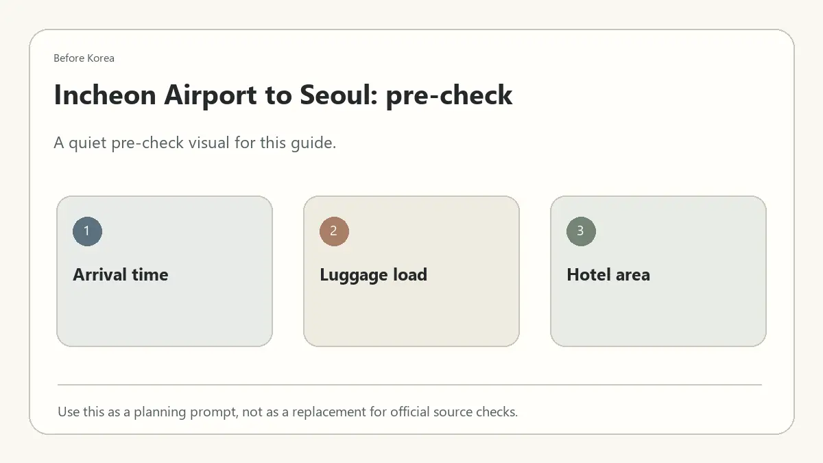 Minimal Before Korea pre-check diagram for Incheon Airport to Seoul: What to Know Before Choosing Train Bus or Taxi
