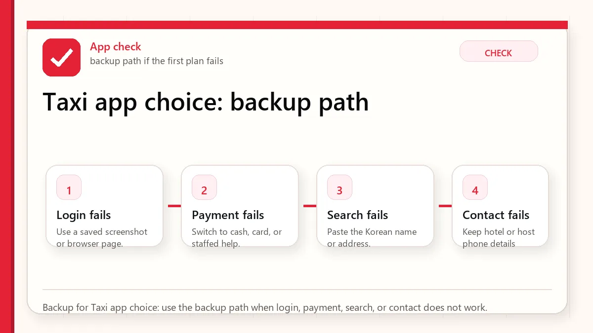 Layered red check backup flow graphic for Taxi app choice.