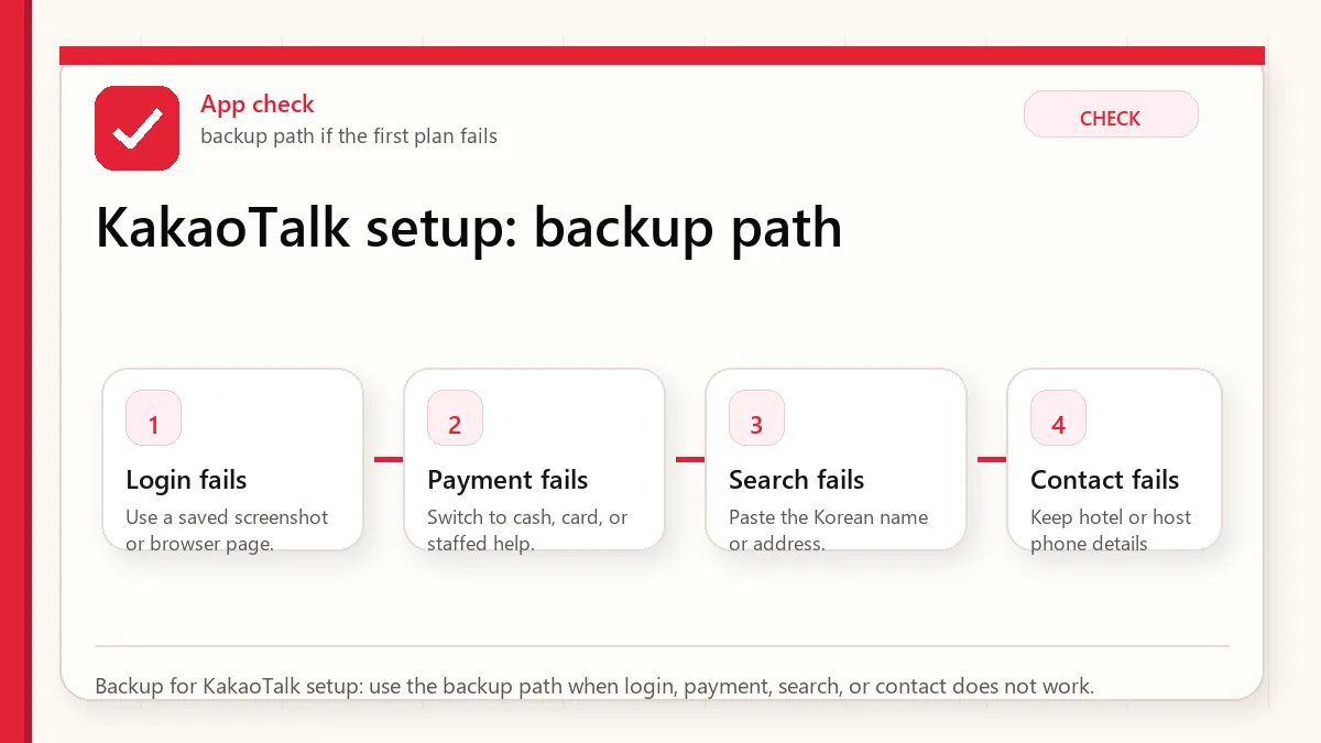 Layered red check backup flow graphic for KakaoTalk setup.