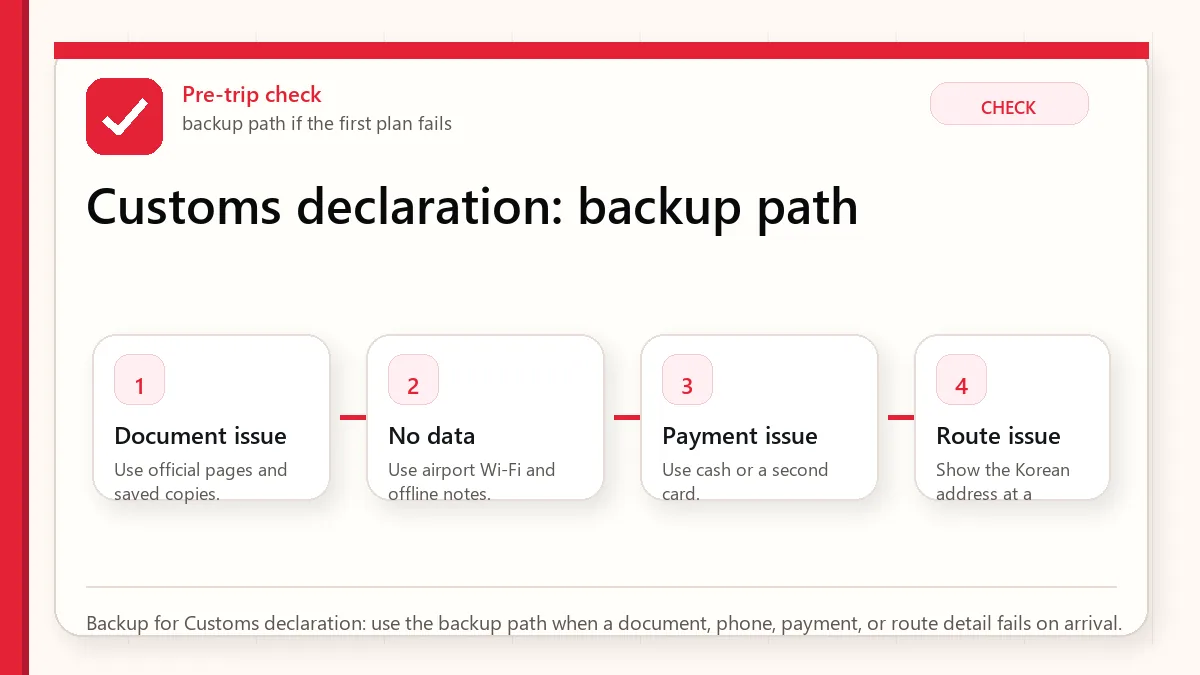 Layered red check backup flow graphic for Customs declaration.