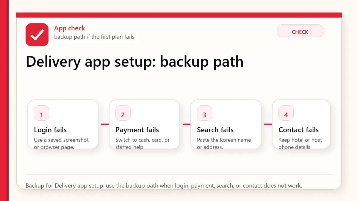 Layered red check backup flow graphic for Delivery app setup.
