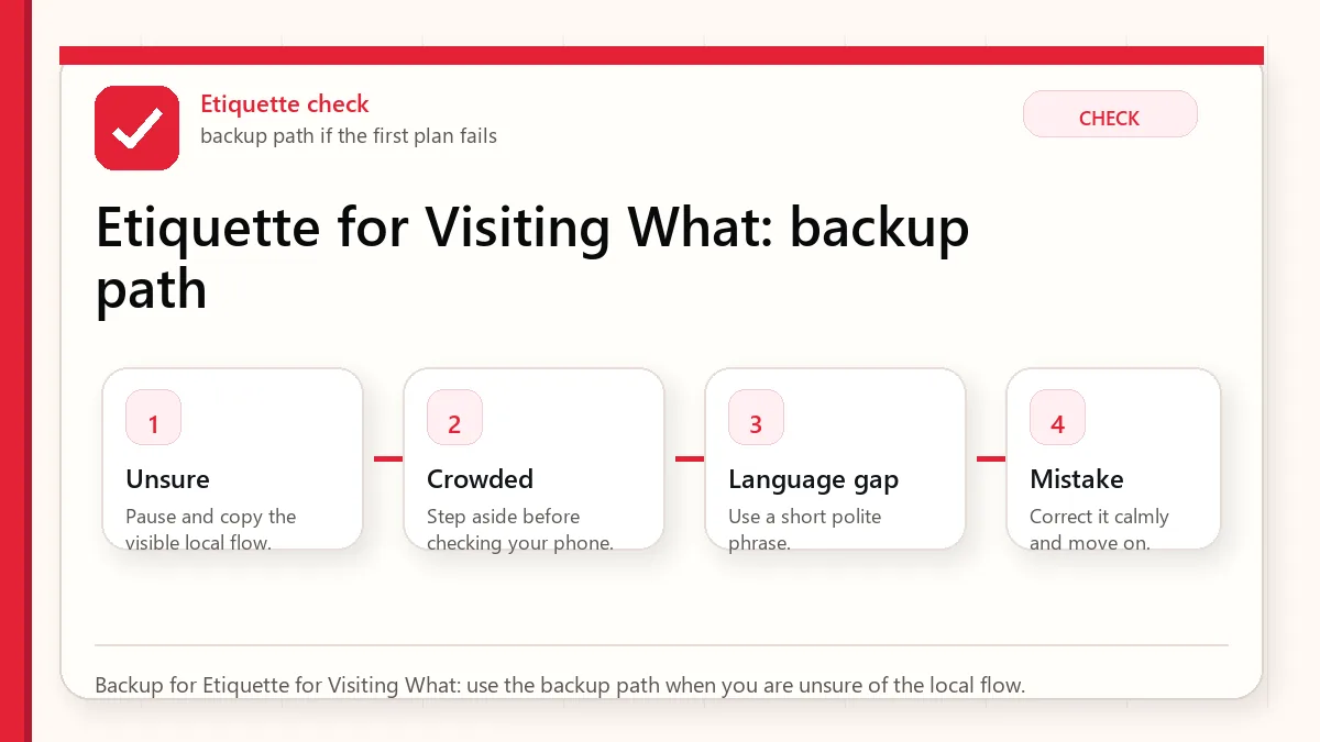 Layered red check backup flow graphic for Etiquette for Visiting What.