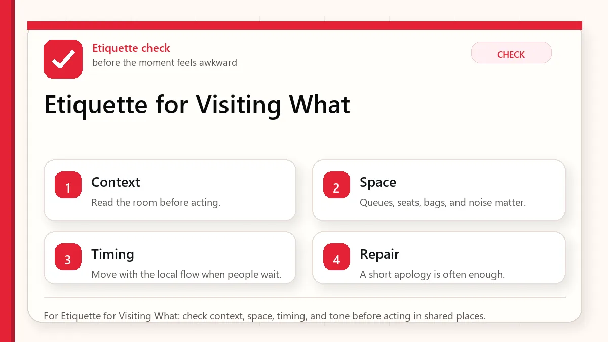 Layered red check decision graphic for Etiquette for Visiting What.