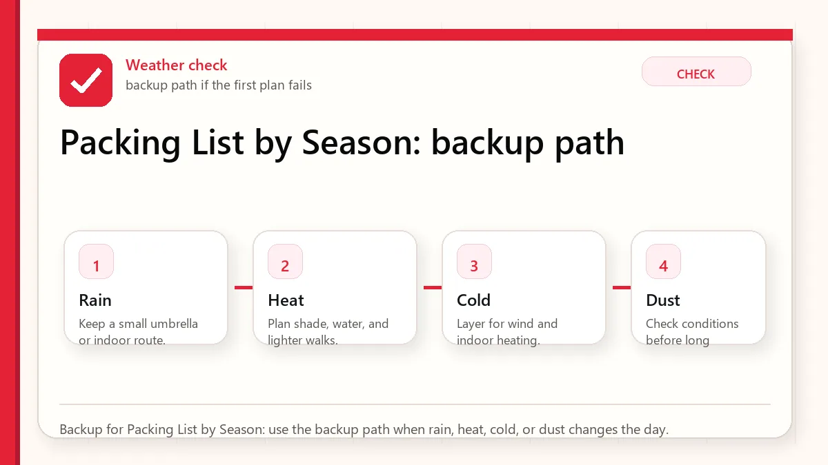 Layered red check backup flow graphic for Packing List by Season.