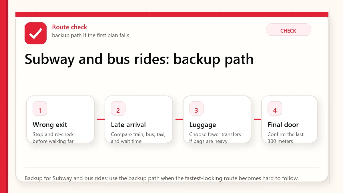 Layered red check backup flow graphic for Subway and bus rides.