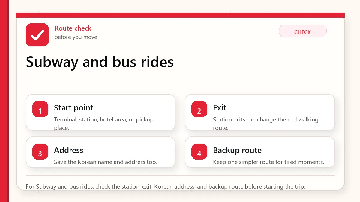 Layered red check decision graphic for Subway and bus rides.