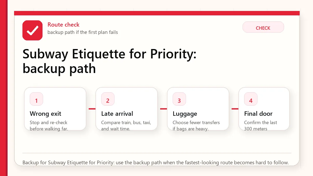 Layered red check backup flow graphic for Subway Etiquette for Priority.