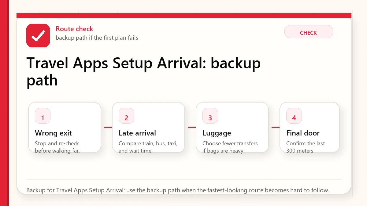 Layered red check backup flow graphic for Travel Apps Setup Arrival.