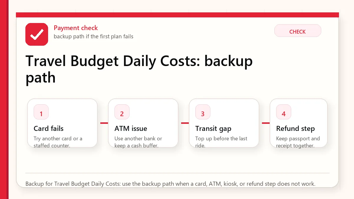 Layered red check backup flow graphic for Travel Budget Daily Costs.