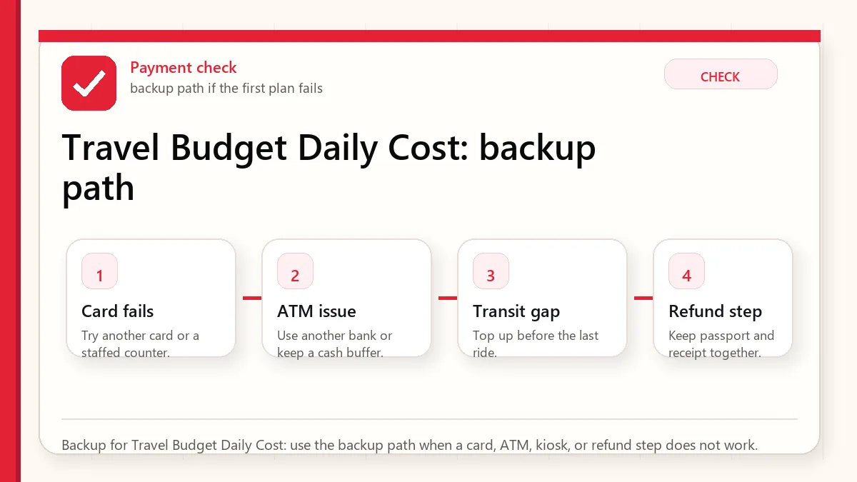 Layered red check backup flow graphic for Travel Budget Daily Cost.