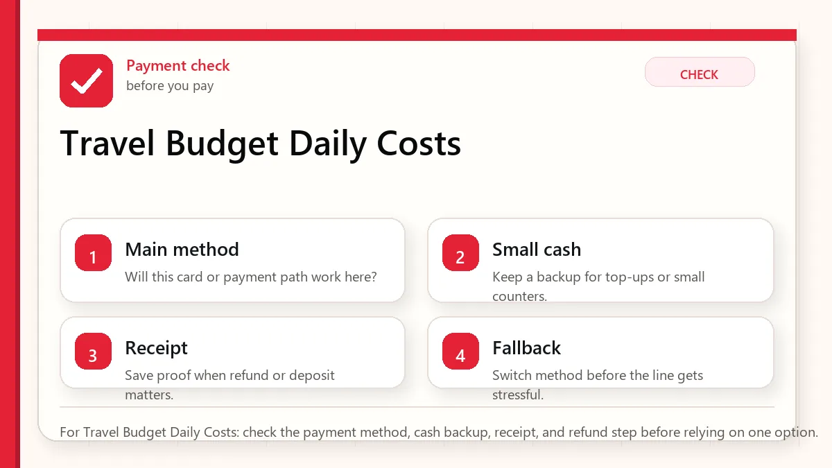 Layered red check decision graphic for Travel Budget Daily Costs.
