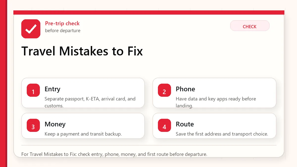 Layered red check decision graphic for Travel Mistakes to Fix.