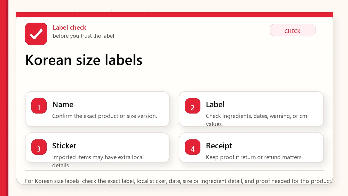 Layered red check decision graphic for Korean size labels.