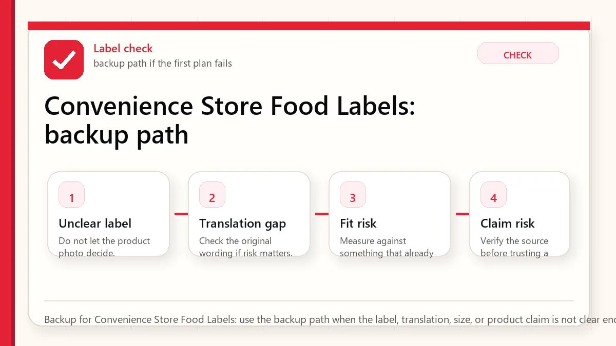 Layered red check backup flow graphic for Convenience Store Food Labels.