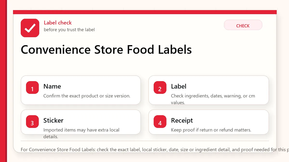 Layered red check decision graphic for Convenience Store Food Labels.