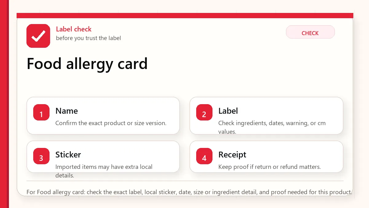 Layered red check decision graphic for Food allergy card.