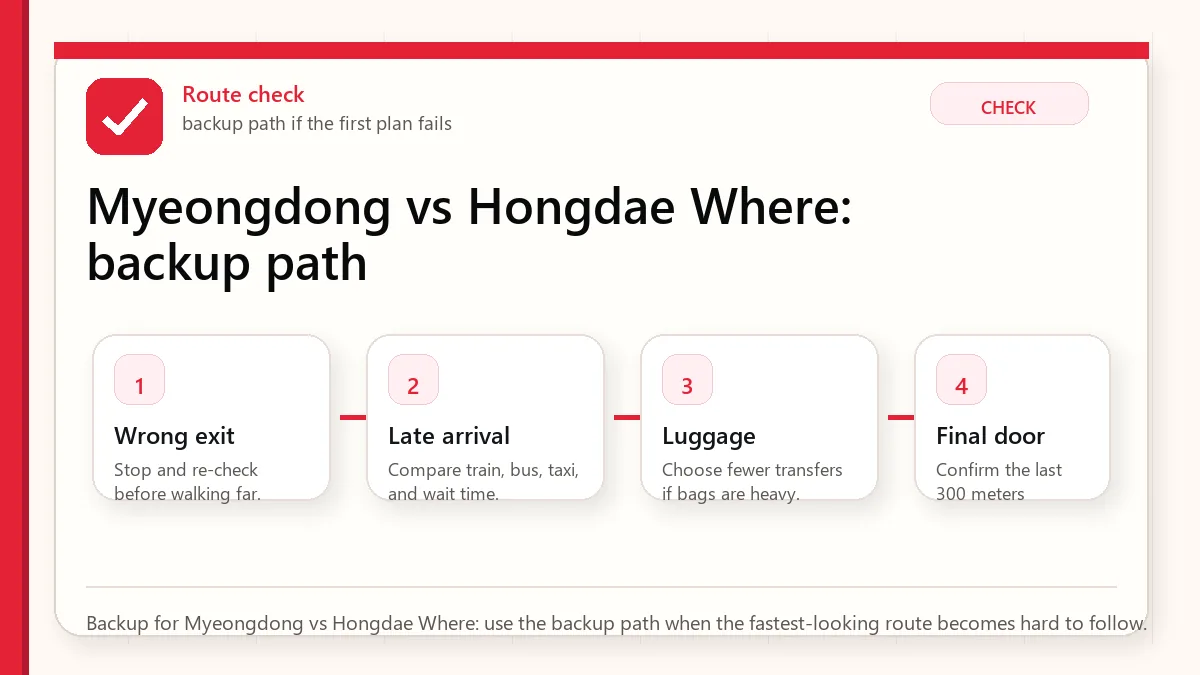 Layered red check backup flow graphic for Myeongdong vs Hongdae Where.