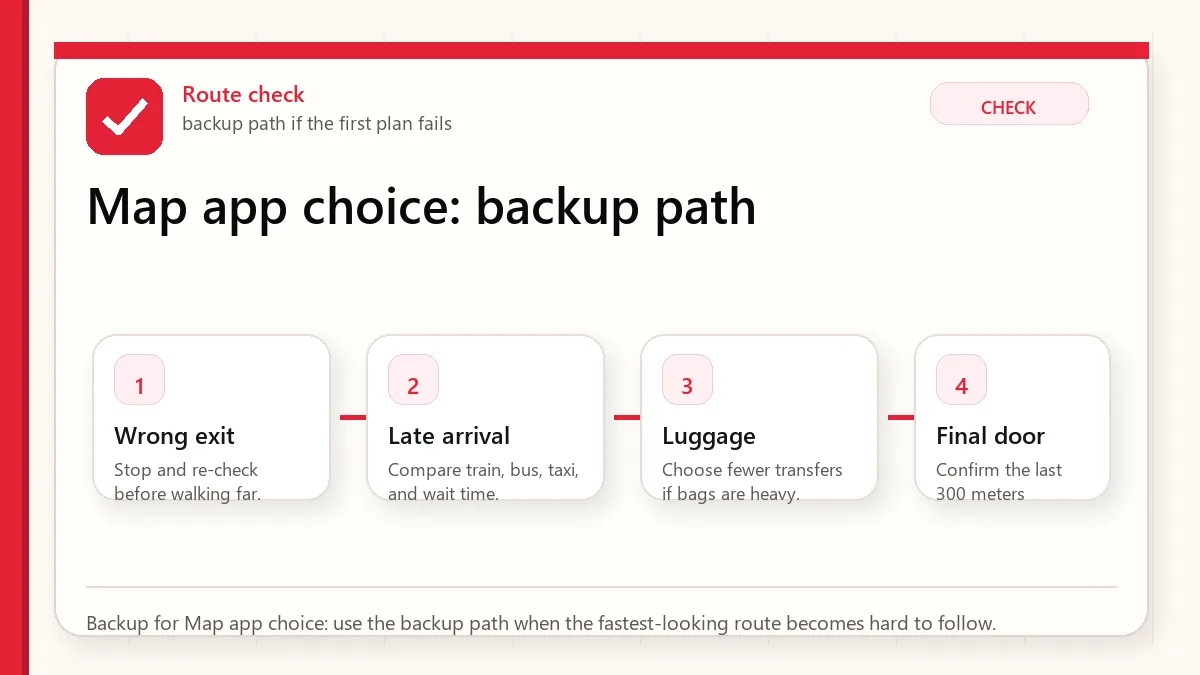 Layered red check backup flow graphic for Map app choice.