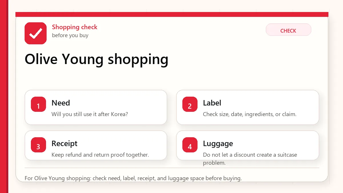 Layered red check decision graphic for Olive Young shopping.