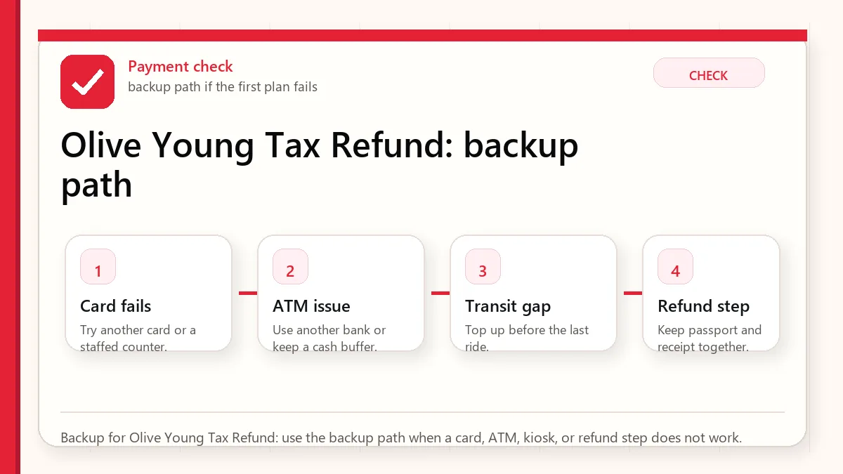 Layered red check backup flow graphic for Olive Young Tax Refund.