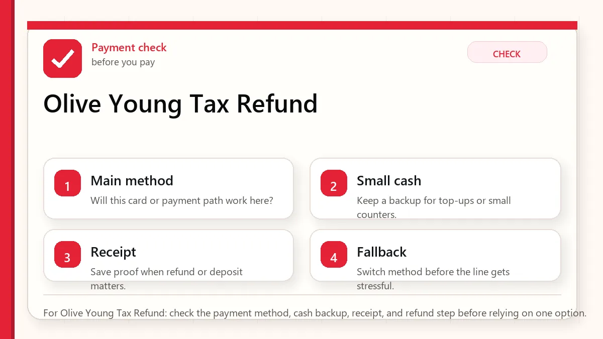 Layered red check decision graphic for Olive Young Tax Refund.