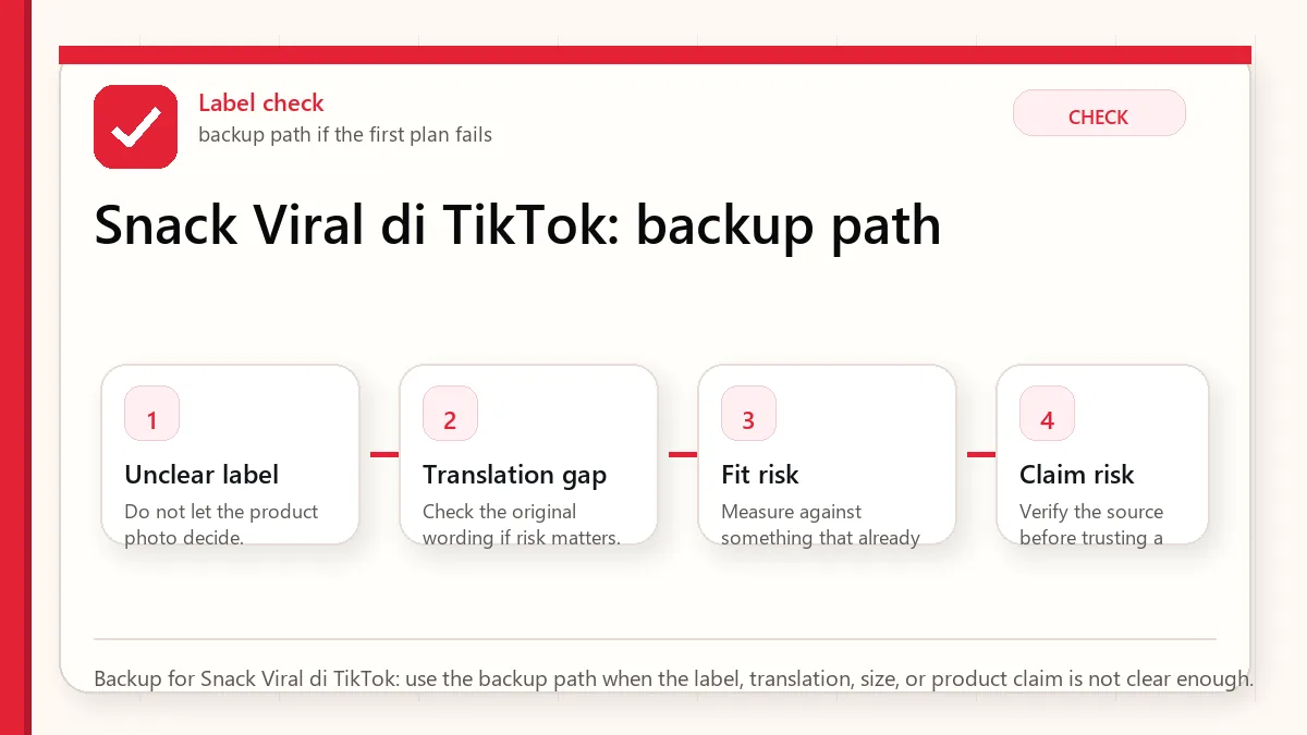 Layered red check backup flow graphic for Snack Viral di TikTok.