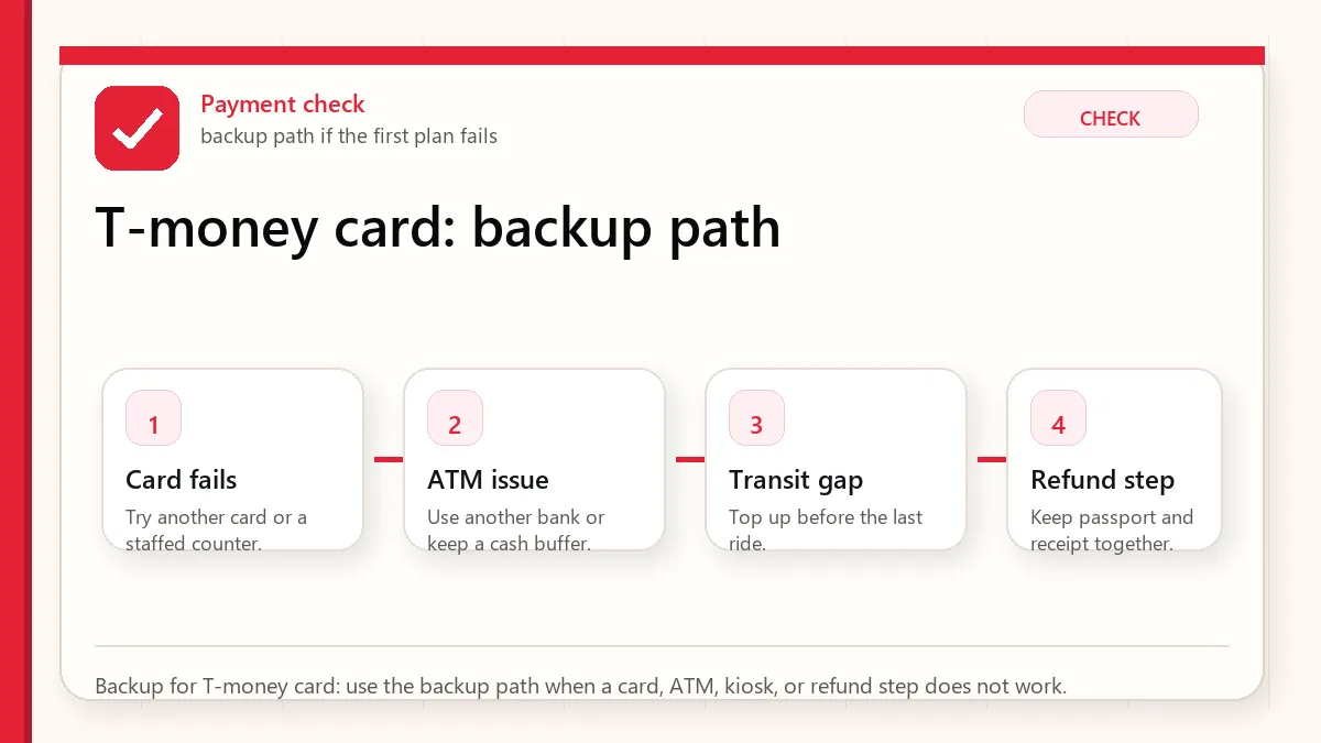 Layered red check backup flow graphic for T-money card.