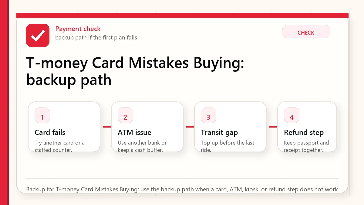 Layered red check backup flow graphic for T-money Card Mistakes Buying.