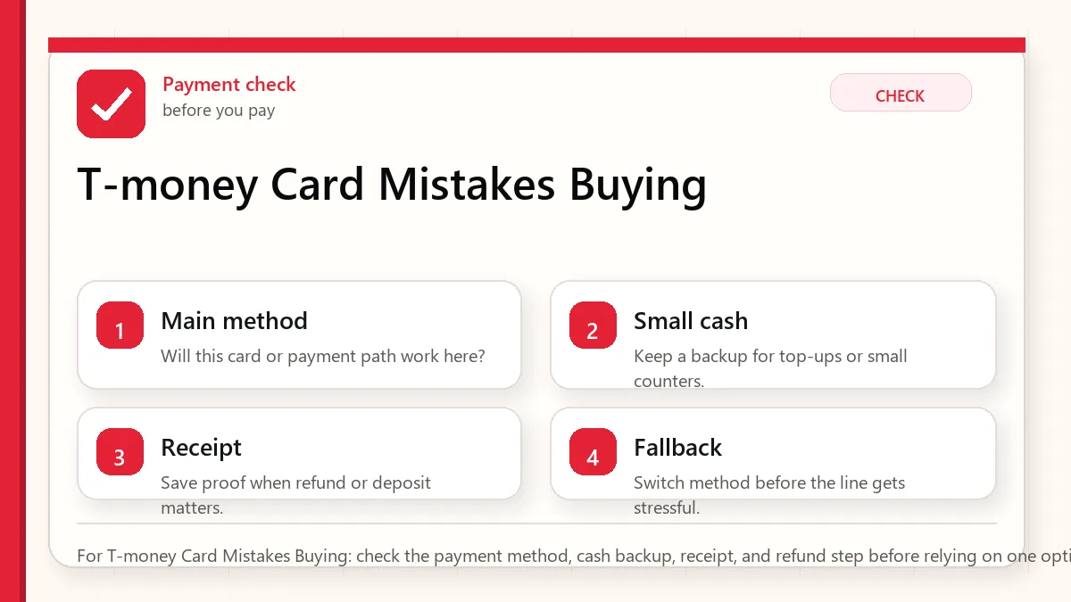 Layered red check decision graphic for T-money Card Mistakes Buying.