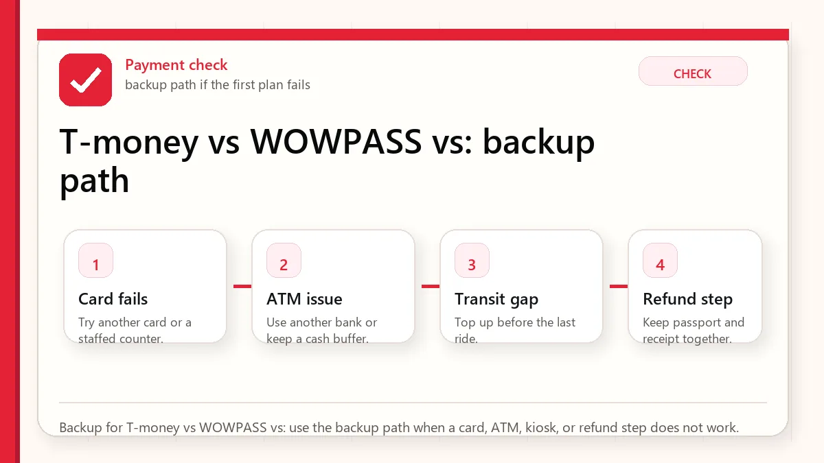 Layered red check backup flow graphic for T-money vs WOWPASS vs.