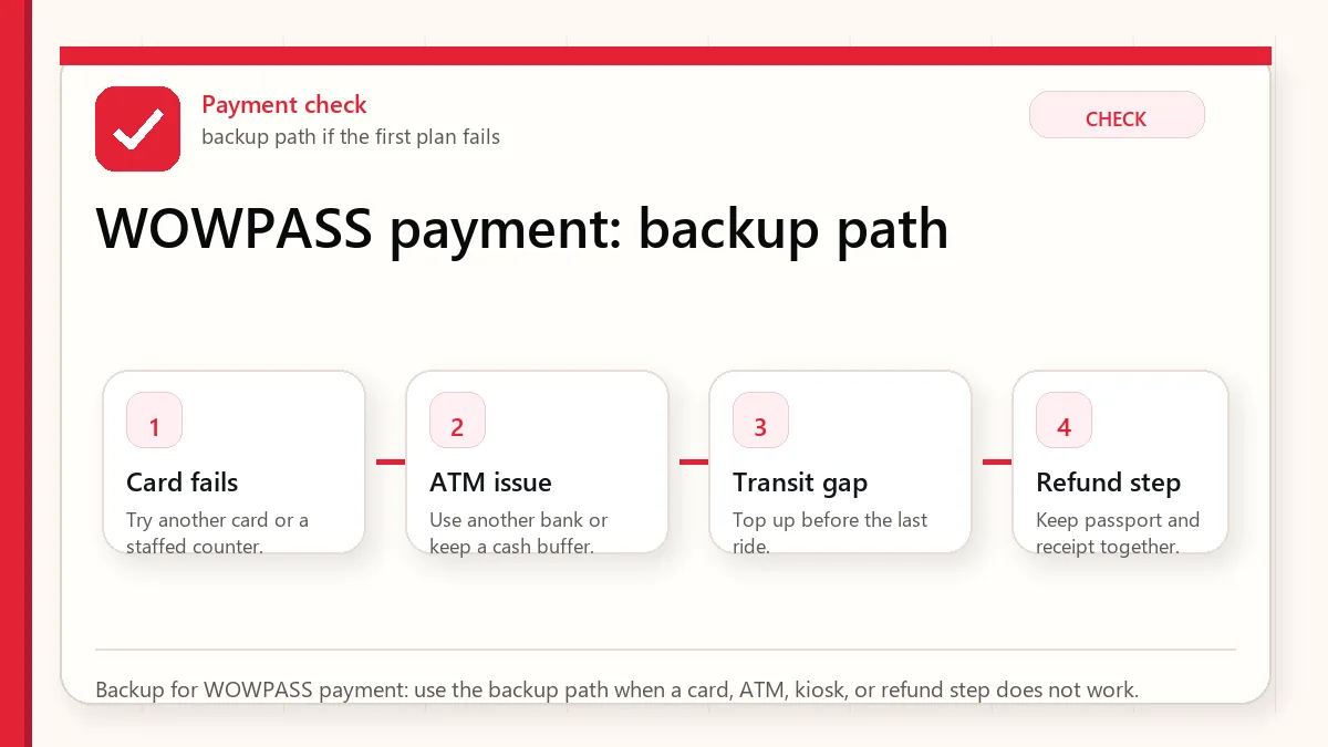 Layered red check backup flow graphic for WOWPASS payment.