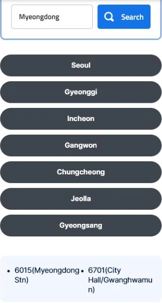 Incheon Airport Bus Search example for Myeongdong showing routes 6015 and 6701