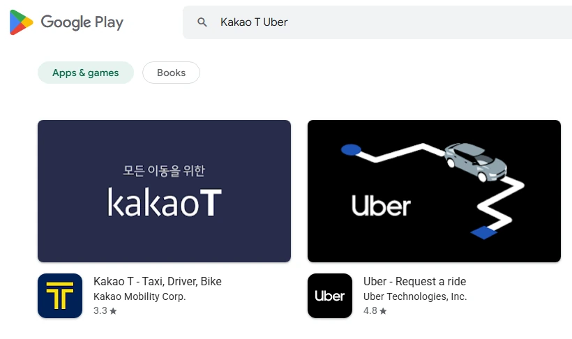 Google Play search results showing Kakao T and Uber ride apps side by side
