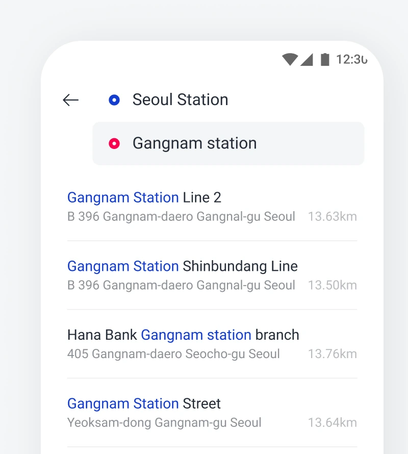 Official k.ride sample screen searching from Seoul Station to Gangnam station in English