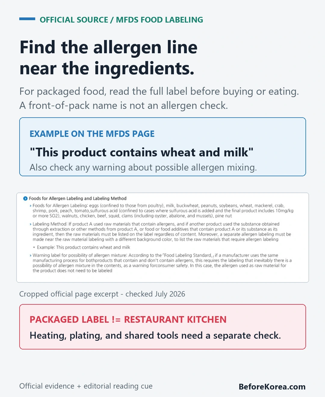 Official MFDS food labeling excerpt with instructions to find the allergen line and mixing warning on Korean packaged food