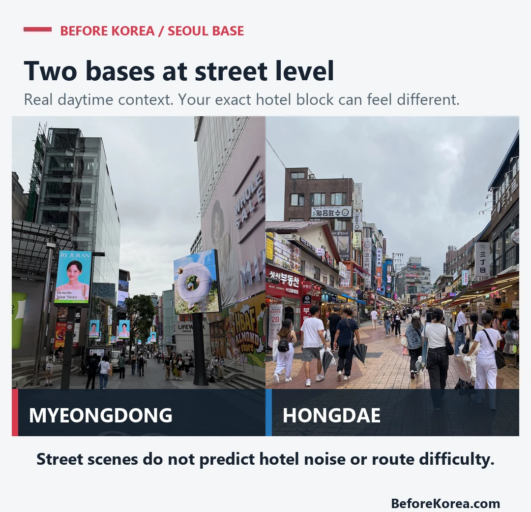 Side-by-side daytime street photographs of Myeongdong and Hongdae in Seoul