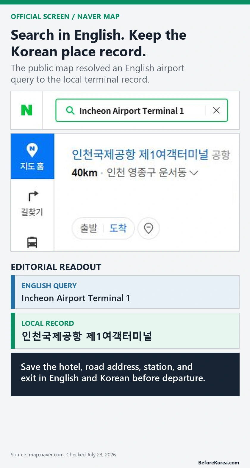 Official Naver Map English search resolving to the Korean Incheon Airport Terminal 1 place record