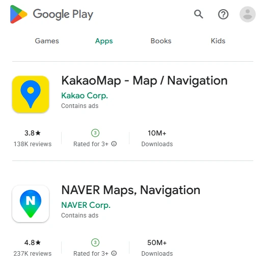 Official Google Play listings identifying KakaoMap by Kakao Corp. and NAVER Maps by NAVER Corp.