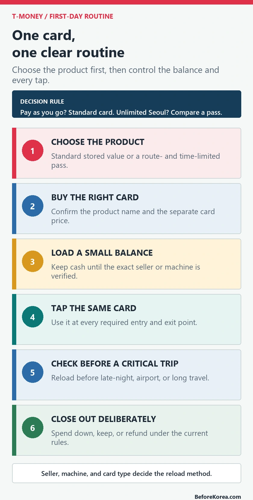Six-step T-money routine from choosing and buying the card to loading tapping checking and closing out the balance