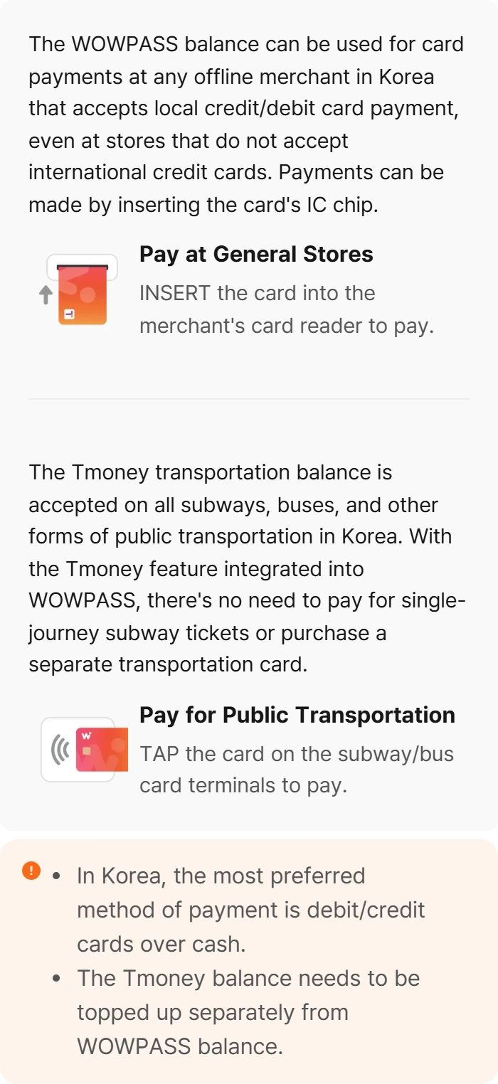 Official WOWPASS guide showing IC chip payment at stores and Tmoney tap payment for public transportation with separate balances